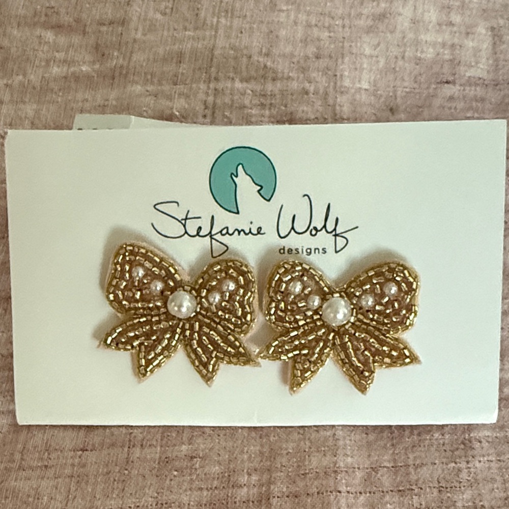 Gold and Pearly Beaded Bow Earrings by Martha’s Vineyard Designer Stefanie Wolf
